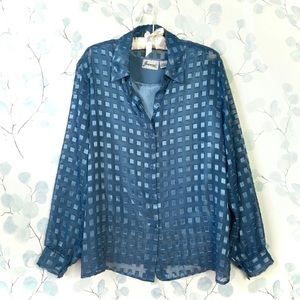 Joanna Womans Blue Blouse Long Sleeve Sheer Top Button Down Shirt Layered Tank